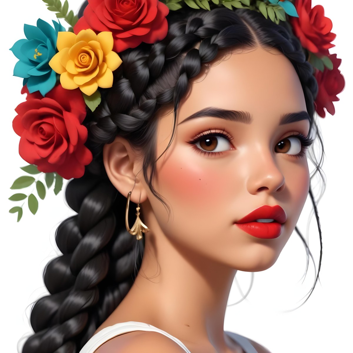 Digital Painting A 23 Year Old Hispanic Woman With Black Braided Hair And Red Lips Flower Crown White Background Bold And Slim Lines Brush Strokes 7 3759