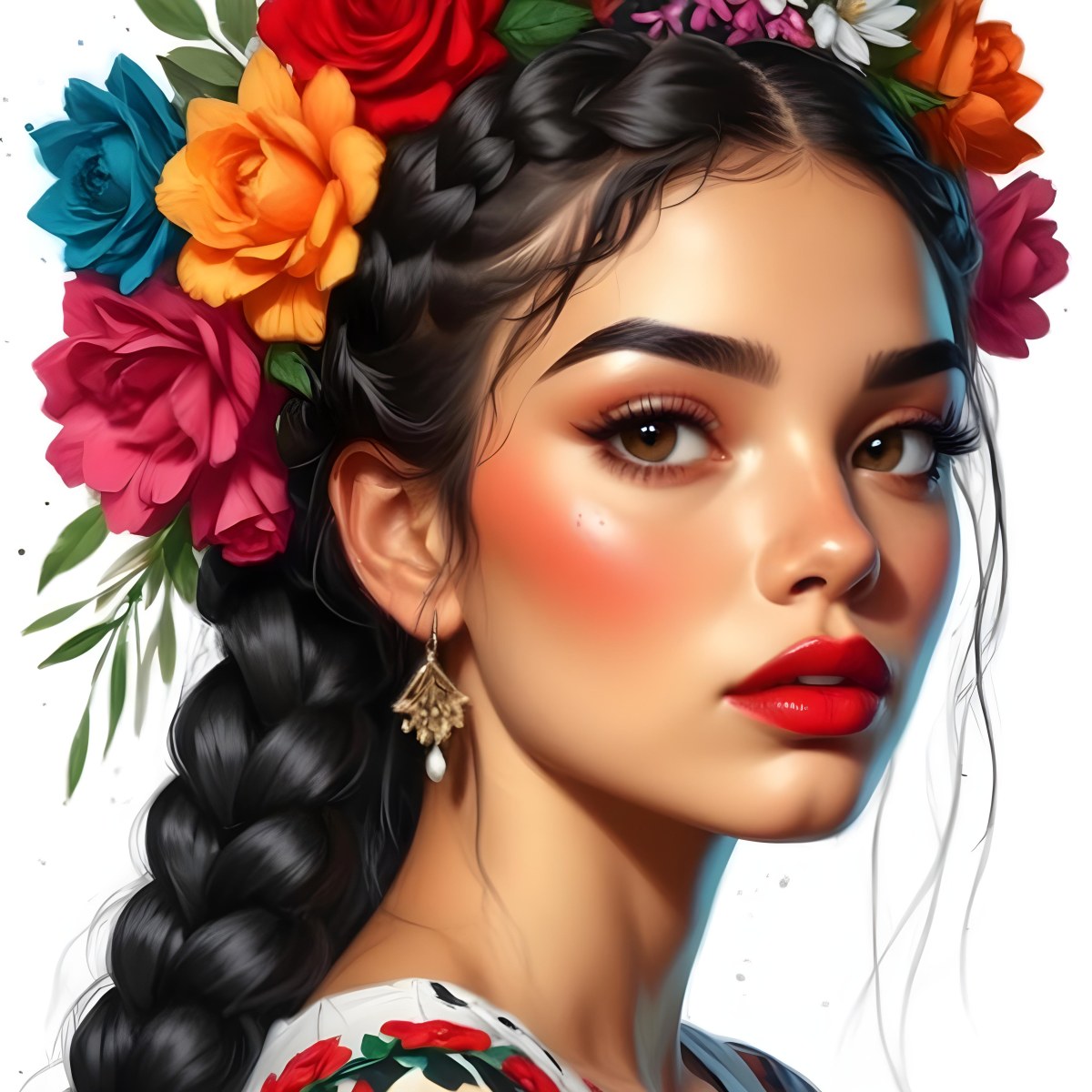 Digital Painting A 23 Year Old Hispanic Woman With Black Braided Hair And Red Lips Flower Crown White Background Bold And Slim Lines Brush Strokes 8 33b0