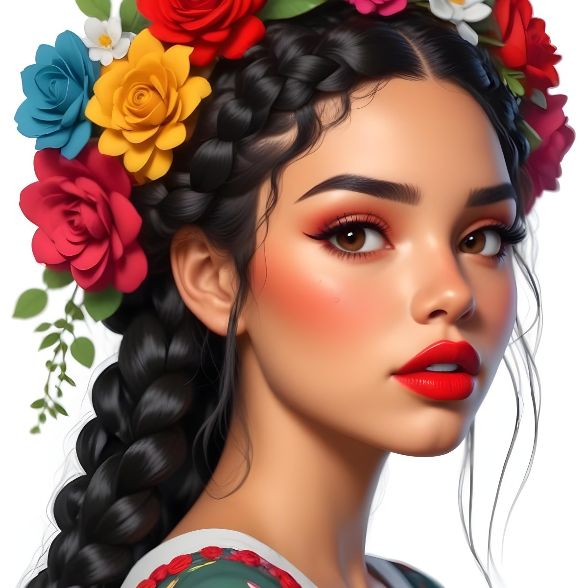 Digital Painting A 23 Year Old Hispanic Woman With Black Braided Hair And Red Lips Flower Crown White Background Bold And Slim Lines Brush Strokes 9 2ffa