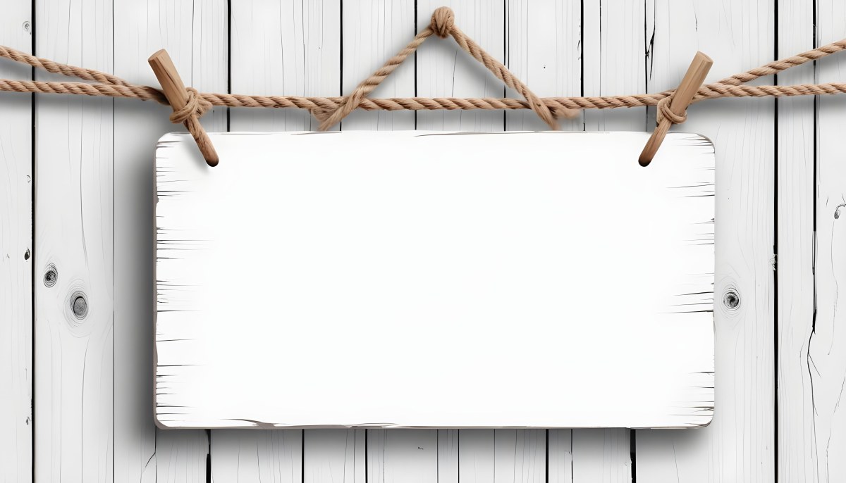Digital Painting A Blank White Wooden Sign Hanging From A Rope The Wood Has A Slightly Weathered Texture The Background Is Plain White Bold And Slim Lines Brush Strokes 4 7134