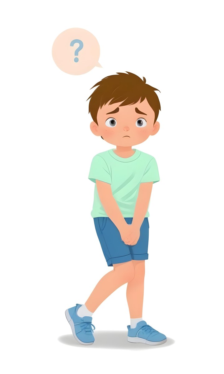 Digital Painting A Caucasian Boy Age 8 With White Hair Wearing A Green T Shirt And Blue Shorts Holding His Crotch With A Worried Expression White Background Bold And Slim Lines Brush Strokes 12 3faf