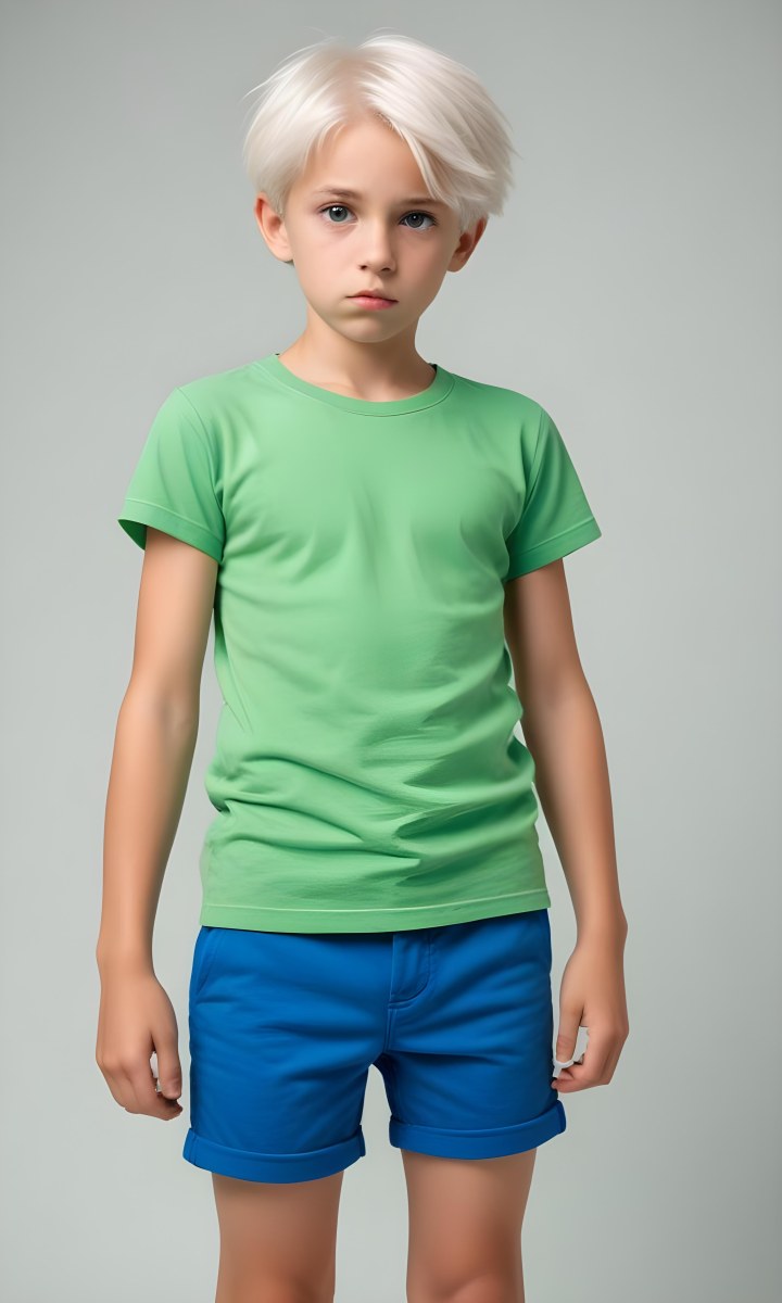 Digital Painting A Caucasian Boy Age 8 With White Hair Wearing A Green T Shirt And Blue Shorts Holding His Crotch With A Worried Expression White Background Bold And Slim Lines Brush Strokes 16 4228