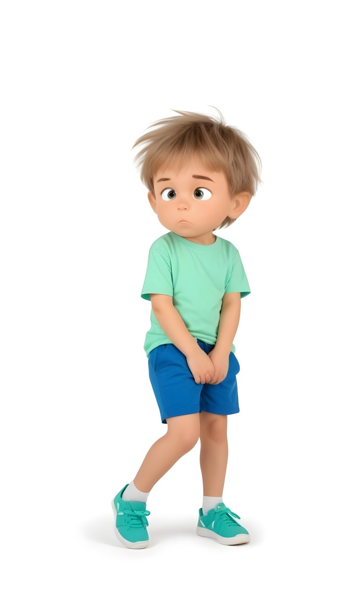 Digital Painting A Caucasian Boy Age 8 With White Hair Wearing A Green T Shirt And Blue Shorts Holding His Crotch With A Worried Expression White Background Bold And Slim Lines Brush Strokes 20 9f8e