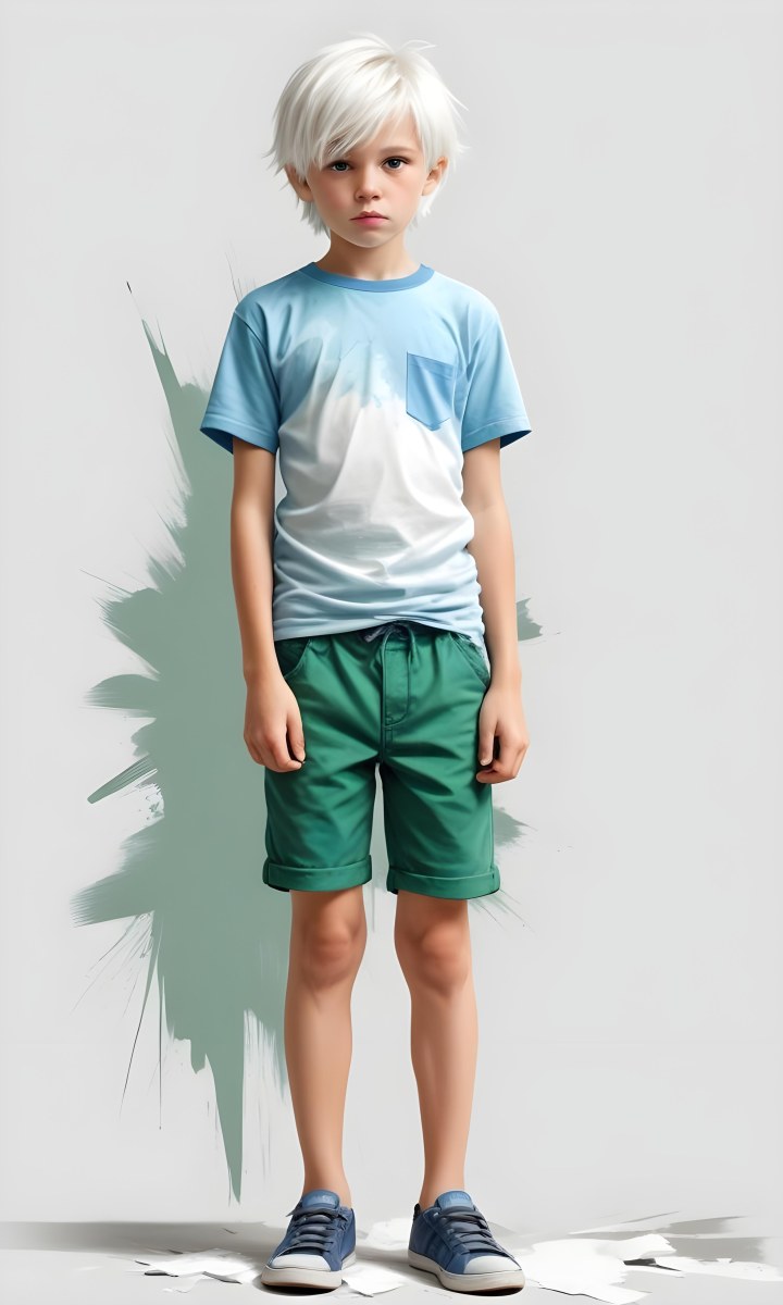 Digital Painting A Caucasian Boy Age 8 With White Hair Wearing A Green T Shirt And Blue Shorts Holding His Crotch With A Worried Expression White Background Bold And Slim Lines Brush Strokes 21 0c12