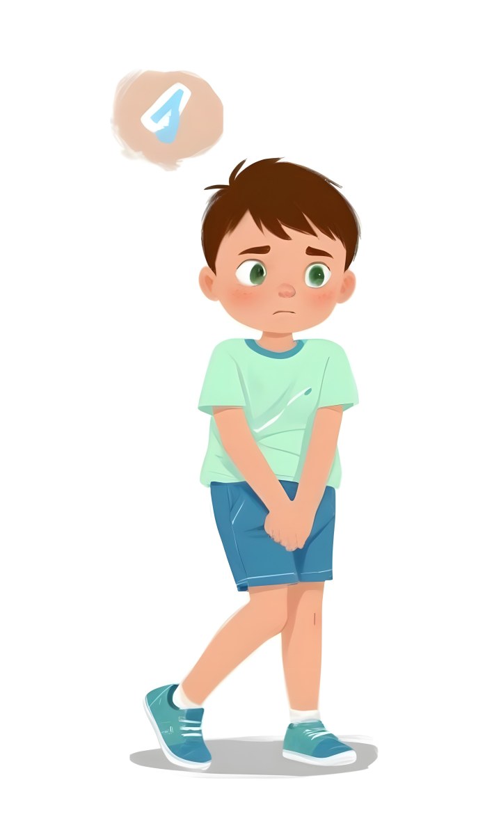 Digital Painting A Caucasian Boy Age 8 With White Hair Wearing A Green T Shirt And Blue Shorts Holding His Crotch With A Worried Expression White Background Bold And Slim Lines Brush Strokes 33 C9a6