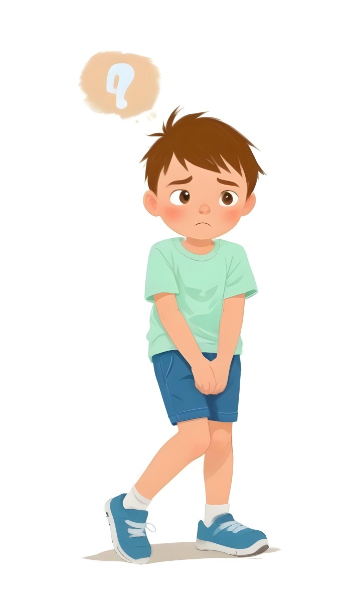 Digital Painting A Caucasian Boy Age 8 With White Hair Wearing A Green T Shirt And Blue Shorts Holding His Crotch With A Worried Expression White Background Bold And Slim Lines Brush Strokes 34 9bd4