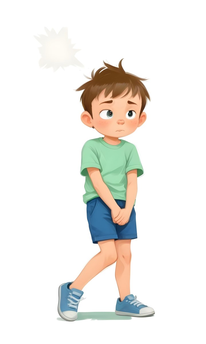 Digital Painting A Caucasian Boy Age 8 With White Hair Wearing A Green T Shirt And Blue Shorts Holding His Crotch With A Worried Expression White Background Bold And Slim Lines Brush Strokes 38 9a68