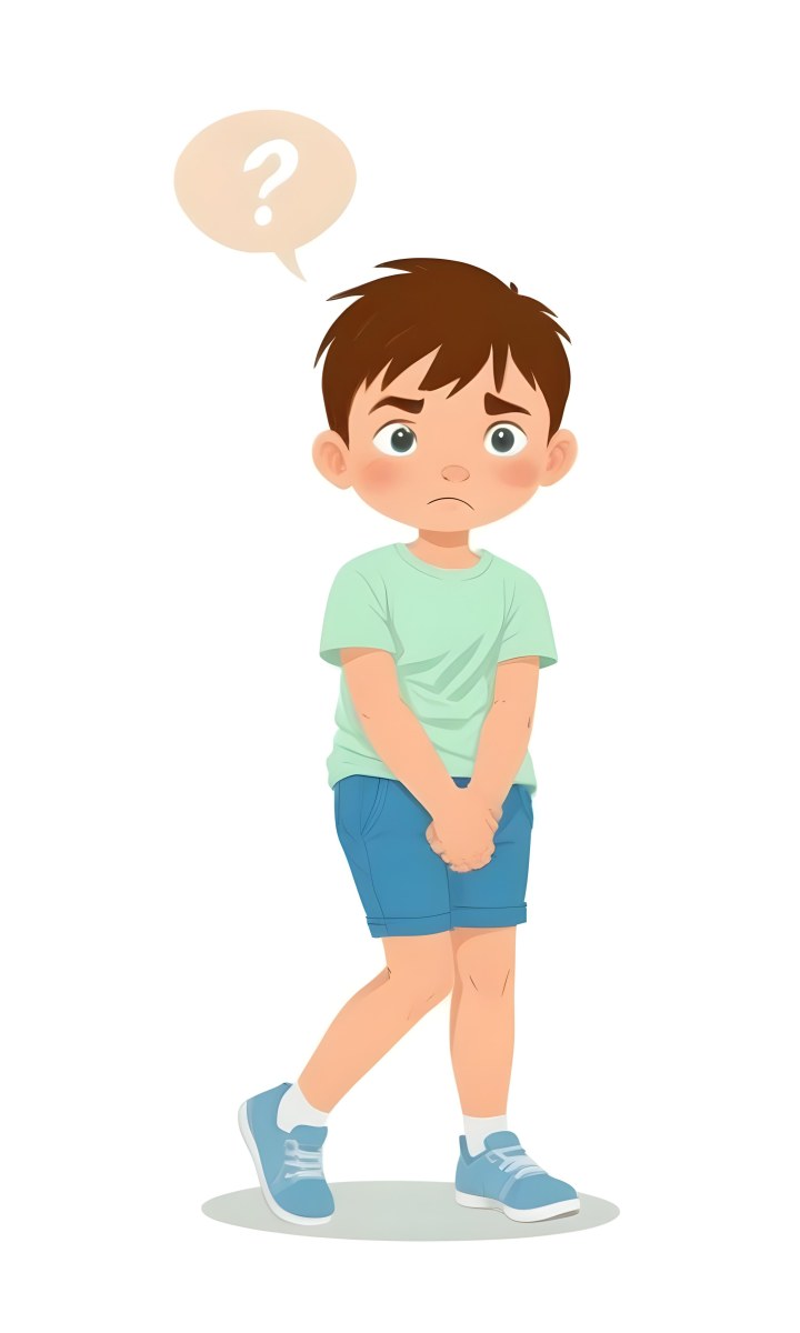 Digital Painting A Caucasian Boy Age 8 With White Hair Wearing A Green T Shirt And Blue Shorts Holding His Crotch With A Worried Expression White Background Bold And Slim Lines Brush Strokes 4 994b