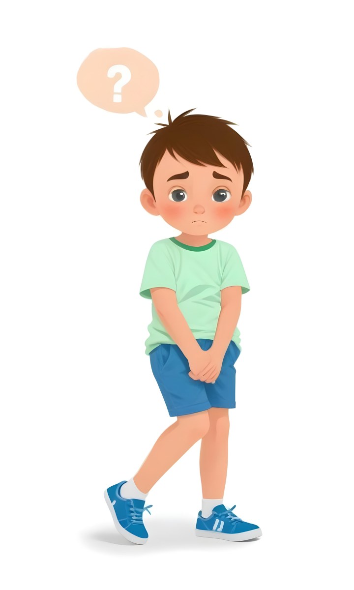 Digital Painting A Caucasian Boy Age 8 With White Hair Wearing A Green T Shirt And Blue Shorts Holding His Crotch With A Worried Expression White Background Bold And Slim Lines Brush Strokes 5 F4b3