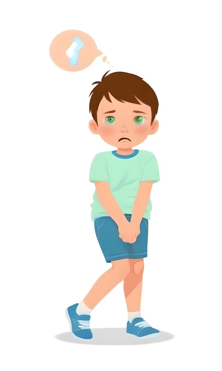 Digital Painting A Caucasian Boy Age 8 With White Hair Wearing A Green T Shirt And Blue Shorts Holding His Crotch With A Worried Expression White Background Bold And Slim Lines Brush Strokes 7 B963