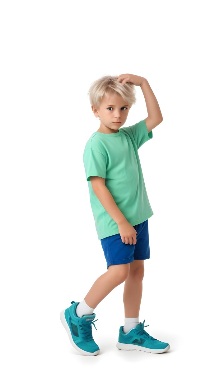 Digital Painting A Caucasian Boy Age 8 With White Hair Wearing A Green T Shirt And Blue Shorts Holding His Crotch With A Worried Expression White Background Bold And Slim Lines Brush Strokes 9 1513