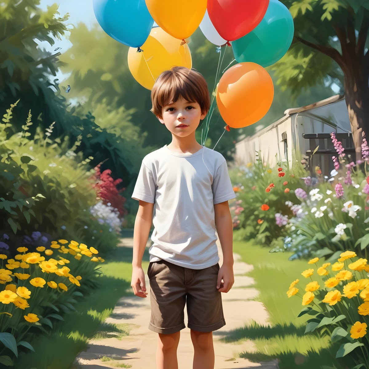 Digital Painting A Caucasian Boy With Brown Hair 7 Years Old Holding Balloons In A Garden Bold And Slim Lines Brush Strokes 63 9a5b