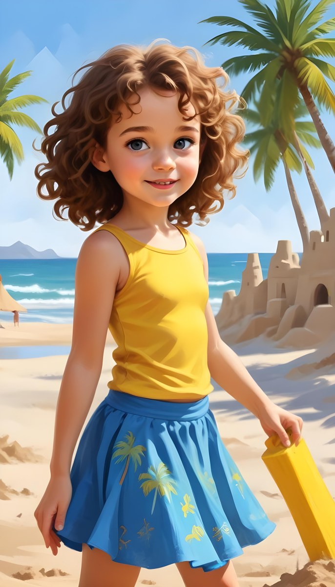 Digital Painting A Caucasian Girl 4 Years Old Brown Curly Hair Blue Top And Yellow Skirt Building A Sand Castle On The Beach With Palm Trees And Blue Sea Bold And Slim Lines Brush Strokes 5 1bdd