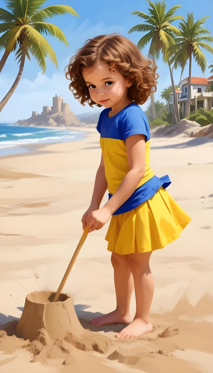 Digital Painting A Caucasian Girl 4 Years Old Brown Curly Hair Blue Top And Yellow Skirt Building A Sand Castle On The Beach With Palm Trees And Blue Sea Bold And Slim Lines Brush Strokes 6 8fd8