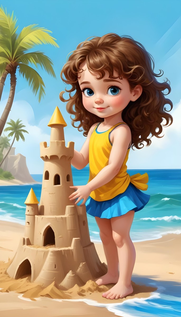 Digital Painting A Caucasian Girl 4 Years Old Brown Curly Hair Blue Top And Yellow Skirt Building A Sand Castle On The Beach With Palm Trees And Blue Sea Bold And Slim Lines Brush Strokes 7 93de