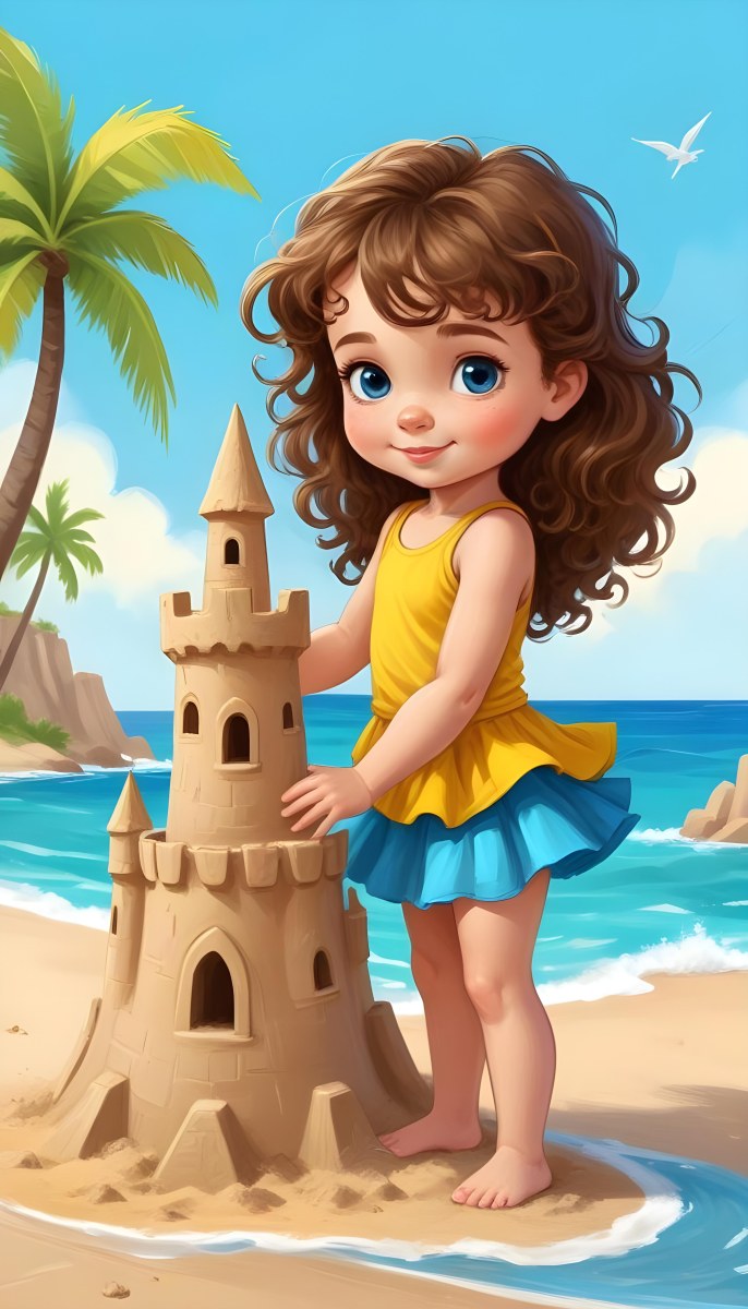 Digital Painting A Caucasian Girl 4 Years Old Brown Curly Hair Blue Top And Yellow Skirt Building A Sand Castle On The Beach With Palm Trees And Blue Sea Bold And Slim Lines Brush Strokes 8 Bc20