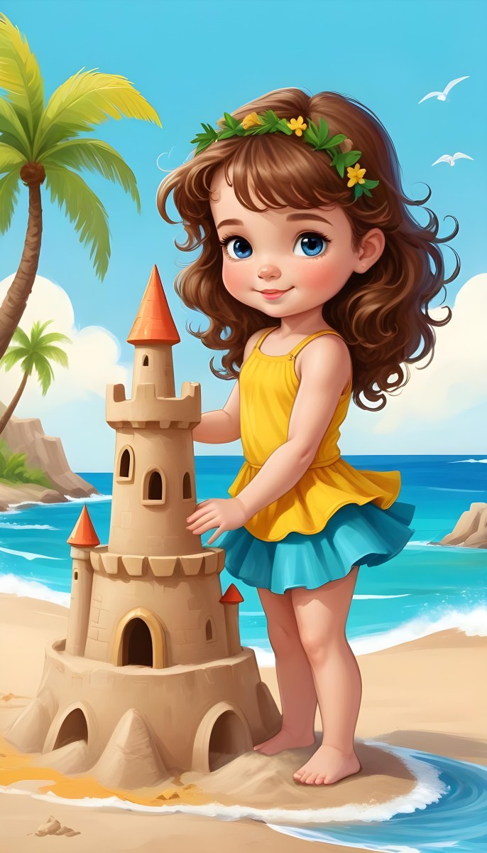 Digital Painting A Caucasian Girl 4 Years Old Brown Curly Hair Blue Top And Yellow Skirt Building A Sand Castle On The Beach With Palm Trees And Blue Sea Bold And Slim Lines Brush Strokes 9 86fc