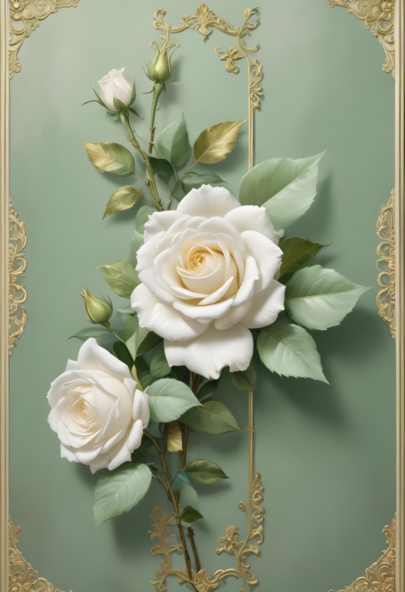 Digital Painting A Close Up Of Two Large White Roses With Gold Leaves And Stems Against A Light Green Background With Ornate Gold Framing Bold And Slim Lines Brush Strokes 69 08e7