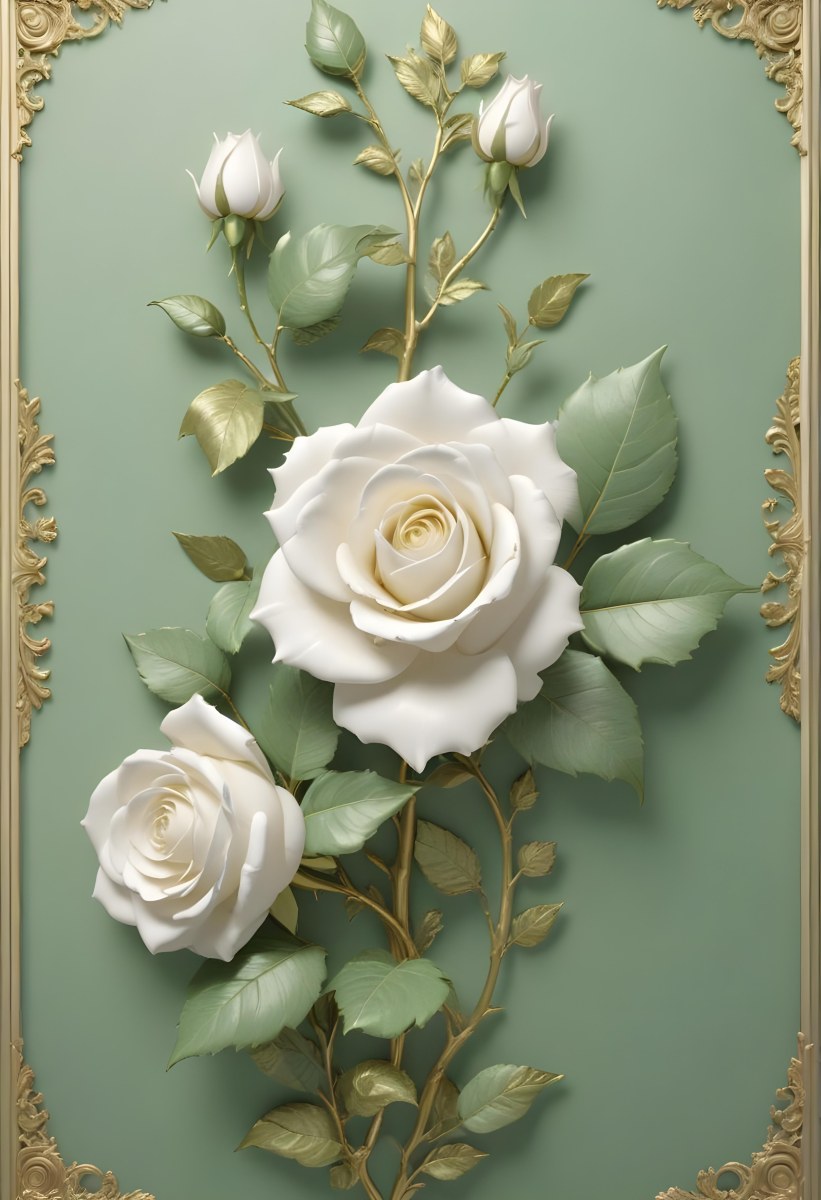 Digital Painting A Close Up Of Two Large White Roses With Gold Leaves And Stems Against A Light Green Background With Ornate Gold Framing Bold And Slim Lines Brush Strokes 7 83f3