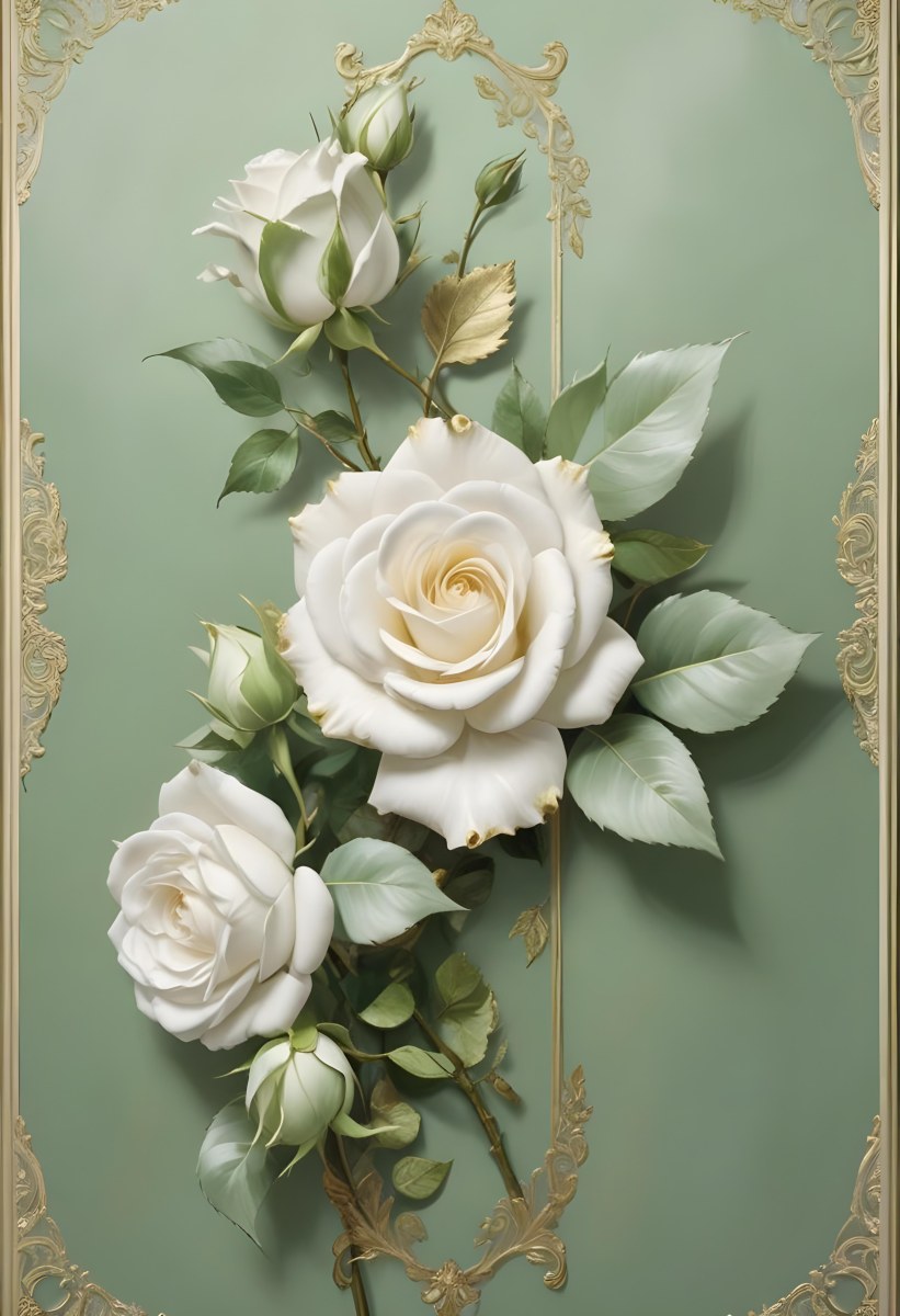 Digital Painting A Close Up Of Two Large White Roses With Gold Leaves And Stems Against A Light Green Background With Ornate Gold Framing Bold And Slim Lines Brush Strokes 70 8d71