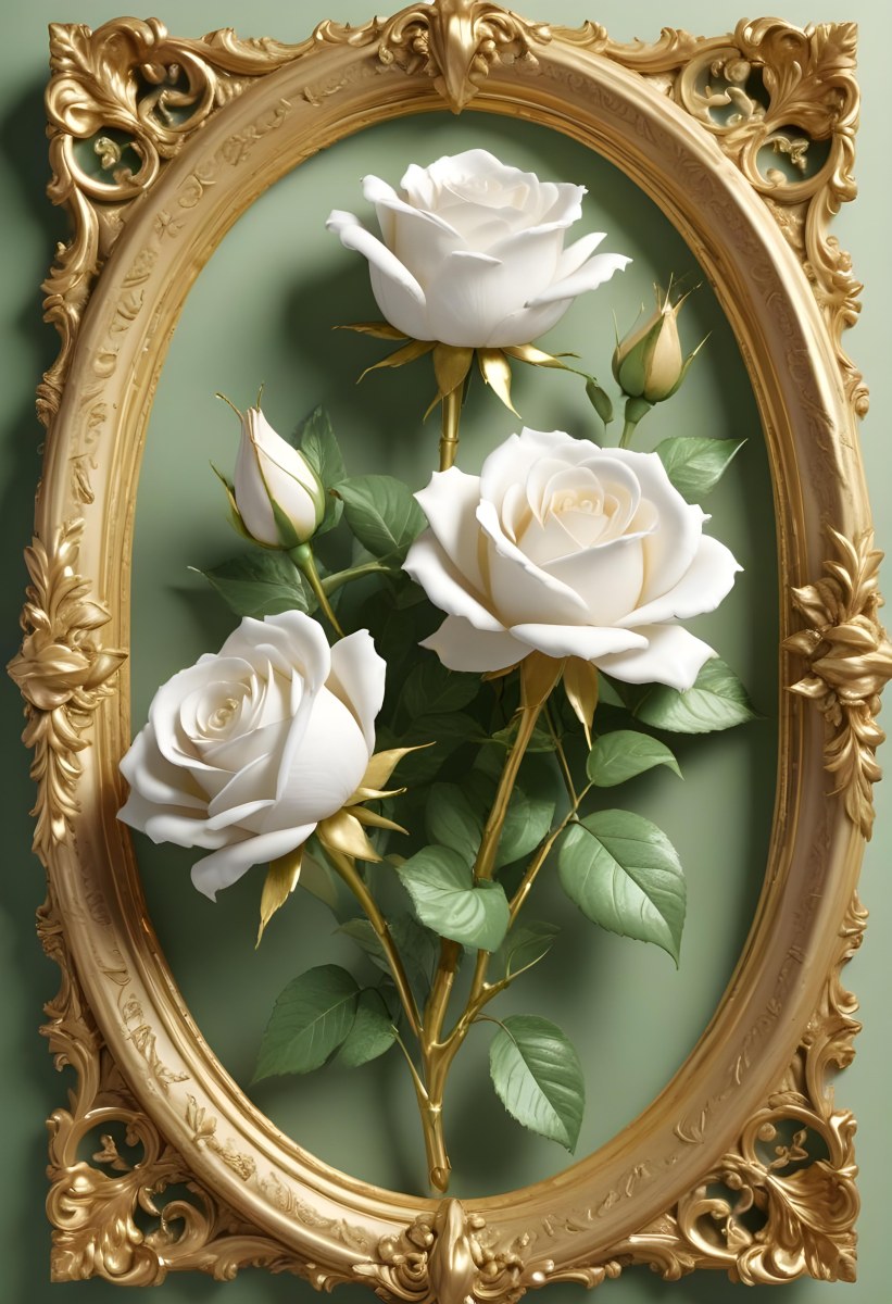 Digital Painting A Close Up Of Two Large White Roses With Gold Leaves And Stems Against A Light Green Background With Ornate Gold Framing Bold And Slim Lines Brush Strokes 8 8819