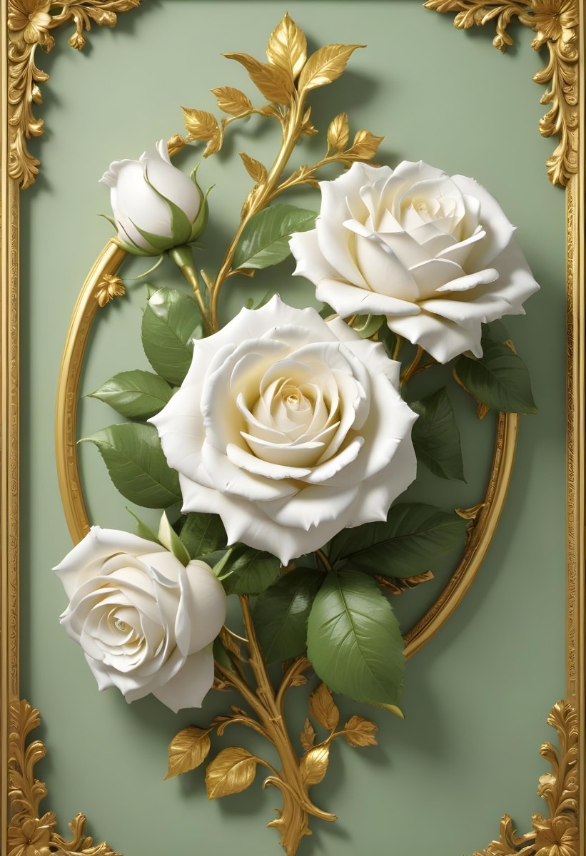 Digital Painting A Close Up Of Two Large White Roses With Gold Leaves And Stems Against A Light Green Background With Ornate Gold Framing Bold And Slim Lines Brush Strokes 9 9ce1