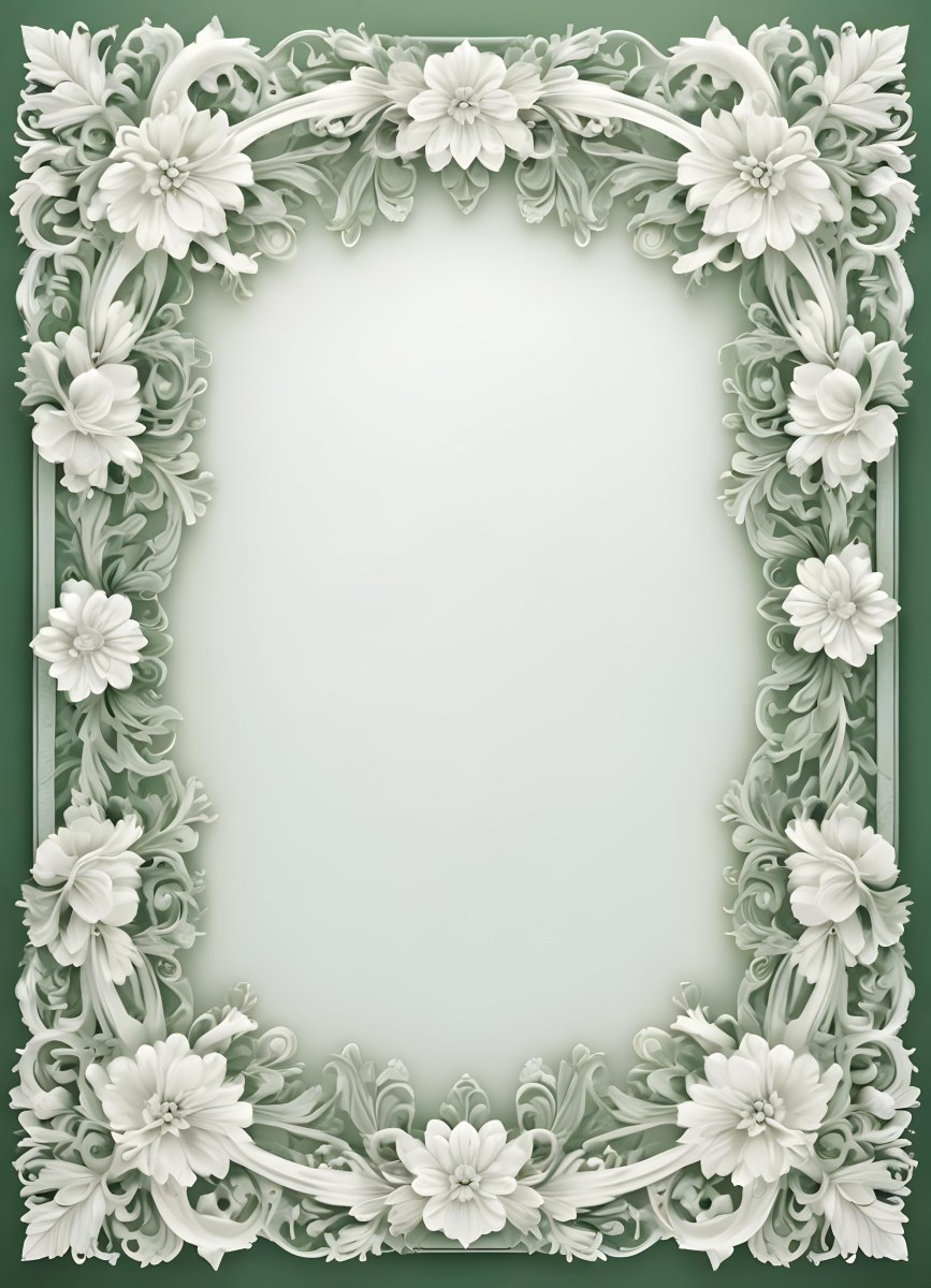 Digital Painting A Decorative White And Green Floral Frame With Intricate Patterns And Designs Creating A Symmetrical And Ornate Border Around A Central Blank Space Bold And Slim Lines Brush Strokes 6 4b1f