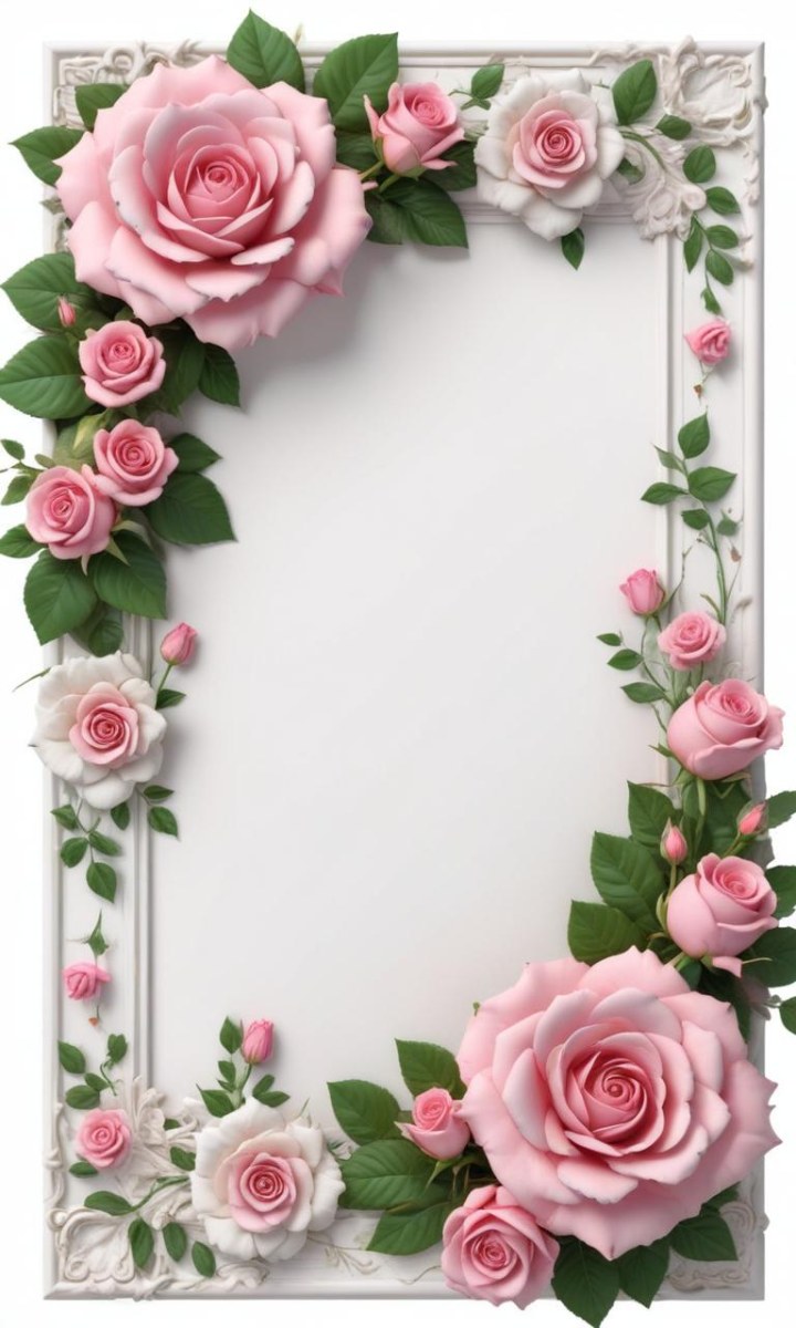 Digital Painting A Floral Frame With Large Pink Roses Green Leaves And Delicate Pink Flowers Along The Edges Of A White Background Bold And Slim Lines Brush Strokes 1 3c49