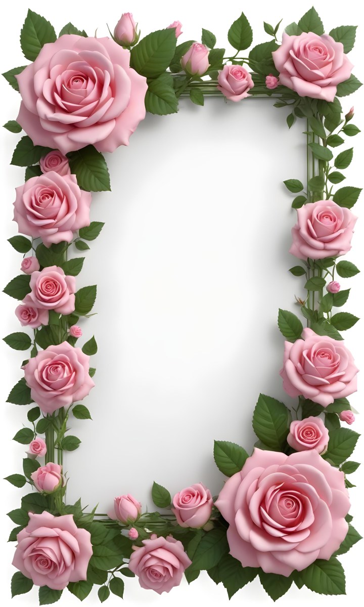 Digital Painting A Floral Frame With Large Pink Roses Green Leaves And Delicate Pink Flowers Along The Edges Of A White Background Bold And Slim Lines Brush Strokes 2 0761