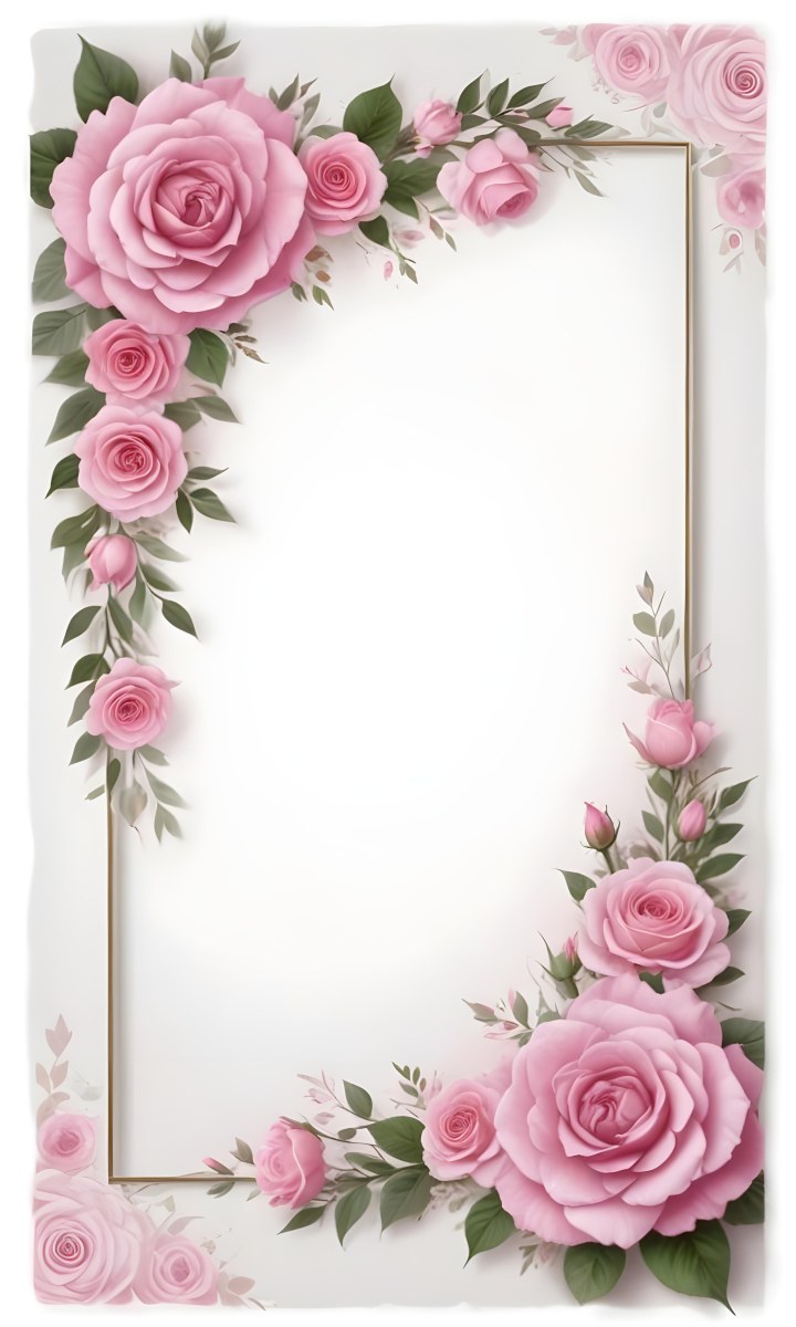 Digital Painting A Floral Frame With Large Pink Roses Green Leaves And Delicate Pink Flowers Along The Edges Of A White Background Bold And Slim Lines Brush Strokes 22 214f