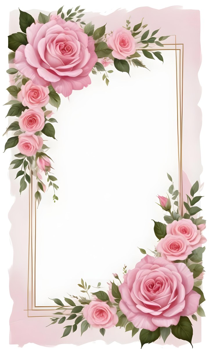 Digital Painting A Floral Frame With Large Pink Roses Green Leaves And Delicate Pink Flowers Along The Edges Of A White Background Bold And Slim Lines Brush Strokes 24 9e31