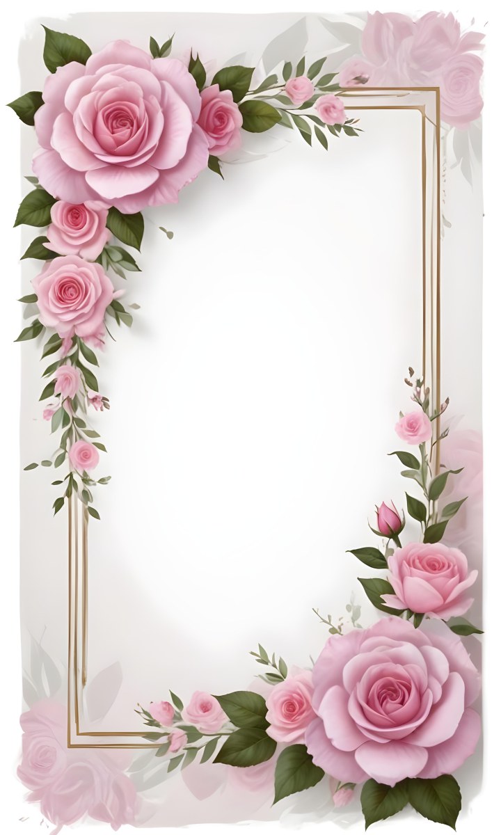 Digital Painting A Floral Frame With Large Pink Roses Green Leaves And Delicate Pink Flowers Along The Edges Of A White Background Bold And Slim Lines Brush Strokes 28 C9a4