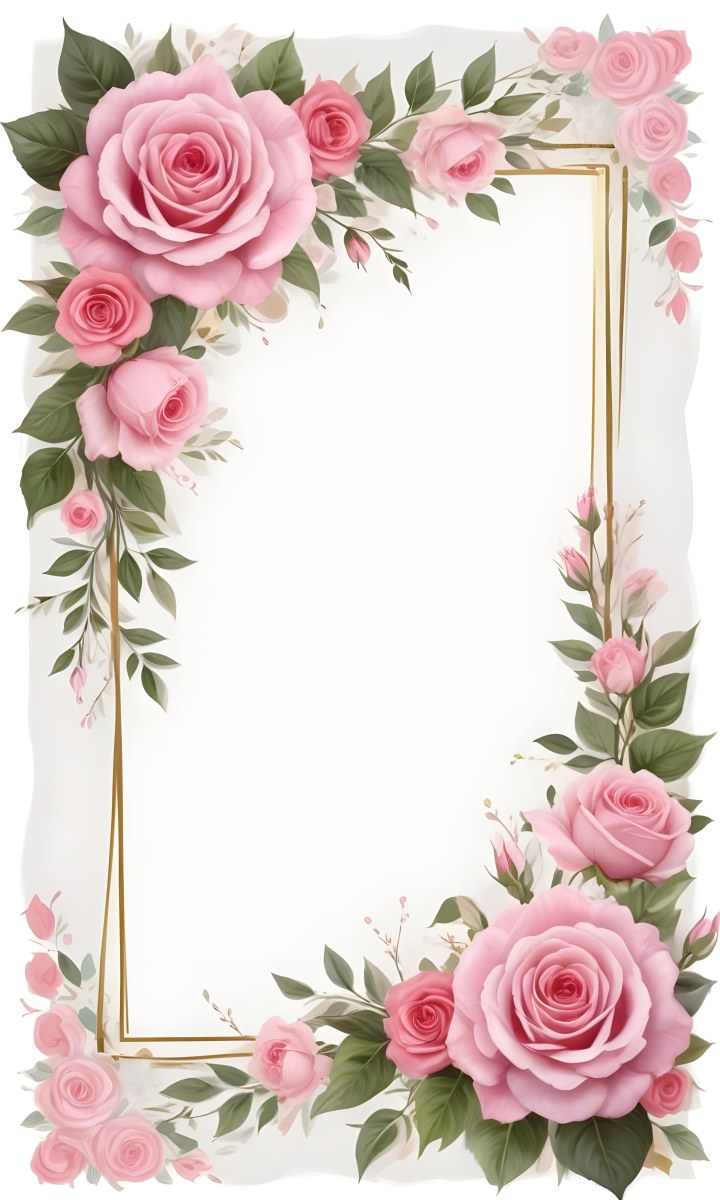 Digital Painting A Floral Frame With Large Pink Roses Green Leaves And Delicate Pink Flowers Along The Edges Of A White Background Bold And Slim Lines Brush Strokes 31 6016