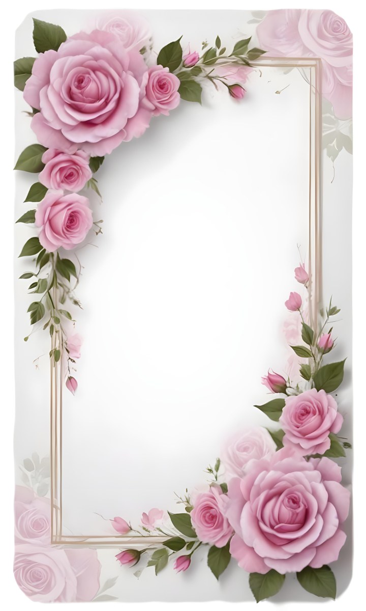 Digital Painting A Floral Frame With Large Pink Roses Green Leaves And Delicate Pink Flowers Along The Edges Of A White Background Bold And Slim Lines Brush Strokes 33 8db7