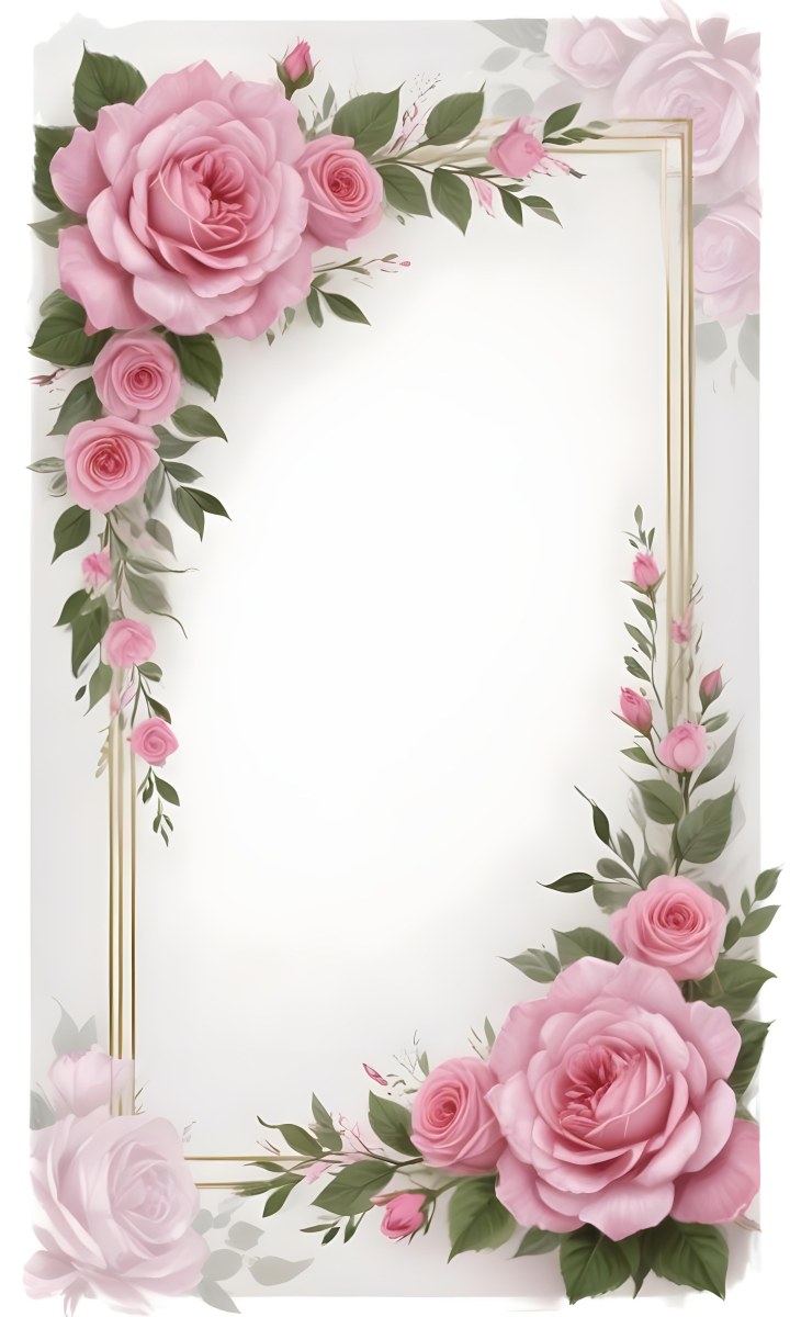Digital Painting A Floral Frame With Large Pink Roses Green Leaves And Delicate Pink Flowers Along The Edges Of A White Background Bold And Slim Lines Brush Strokes 35 7dd4