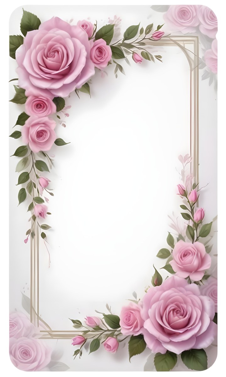Digital Painting A Floral Frame With Large Pink Roses Green Leaves And Delicate Pink Flowers Along The Edges Of A White Background Bold And Slim Lines Brush Strokes 37 11ee