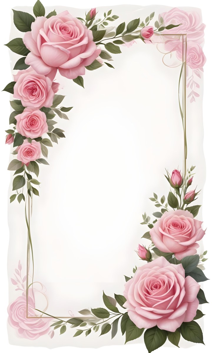 Digital Painting A Floral Frame With Large Pink Roses Green Leaves And Delicate Pink Flowers Along The Edges Of A White Background Bold And Slim Lines Brush Strokes 38 Dcbc