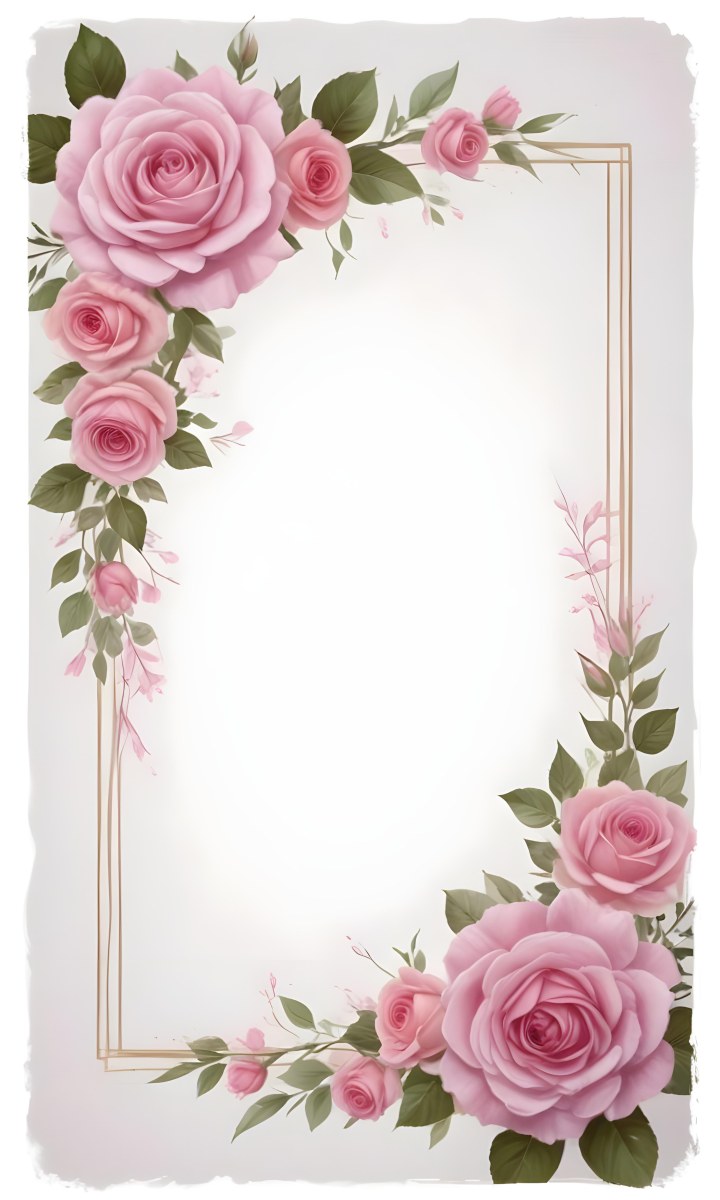 Digital Painting A Floral Frame With Large Pink Roses Green Leaves And Delicate Pink Flowers Along The Edges Of A White Background Bold And Slim Lines Brush Strokes 39 8f1d