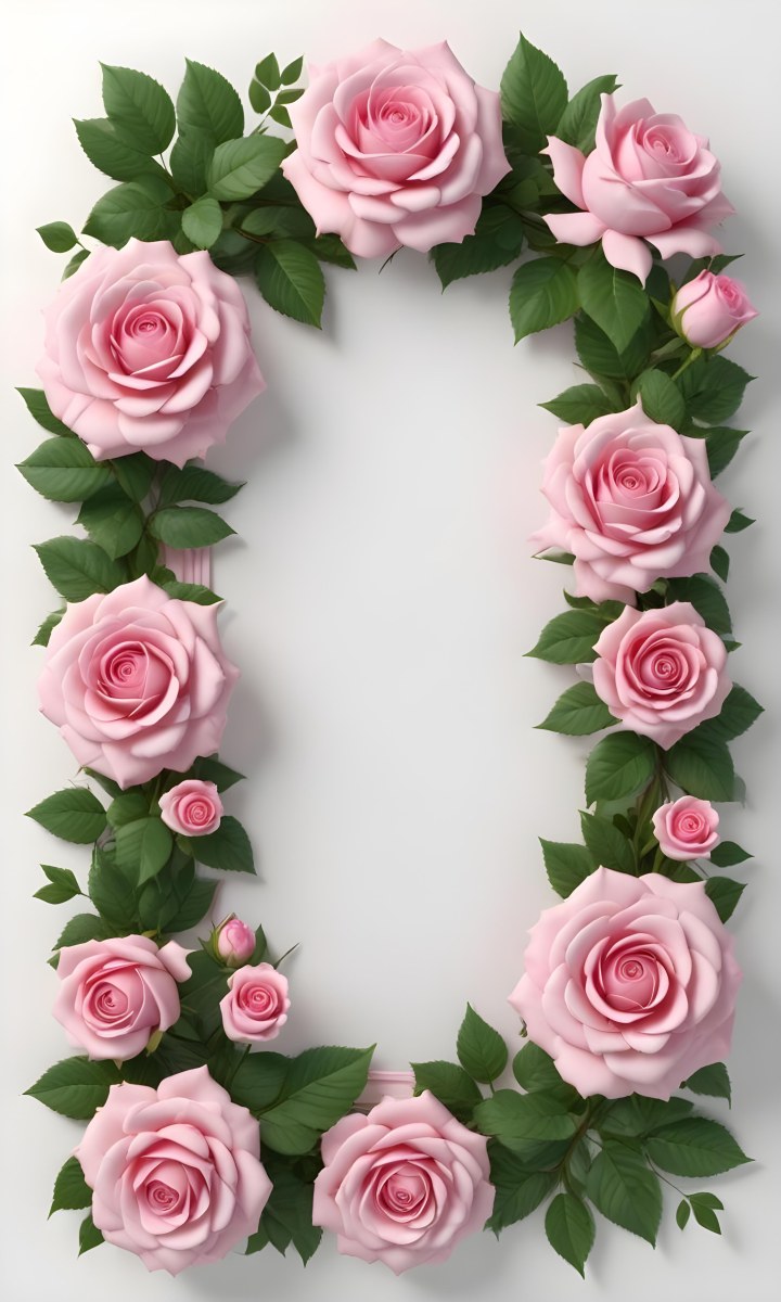 Digital Painting A Floral Frame With Large Pink Roses Green Leaves And Delicate Pink Flowers Along The Edges Of A White Background Bold And Slim Lines Brush Strokes 4 84c9