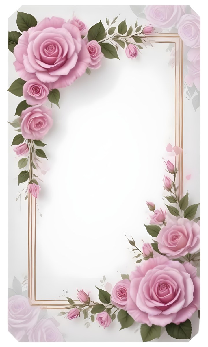 Digital Painting A Floral Frame With Large Pink Roses Green Leaves And Delicate Pink Flowers Along The Edges Of A White Background Bold And Slim Lines Brush Strokes 40 C59e
