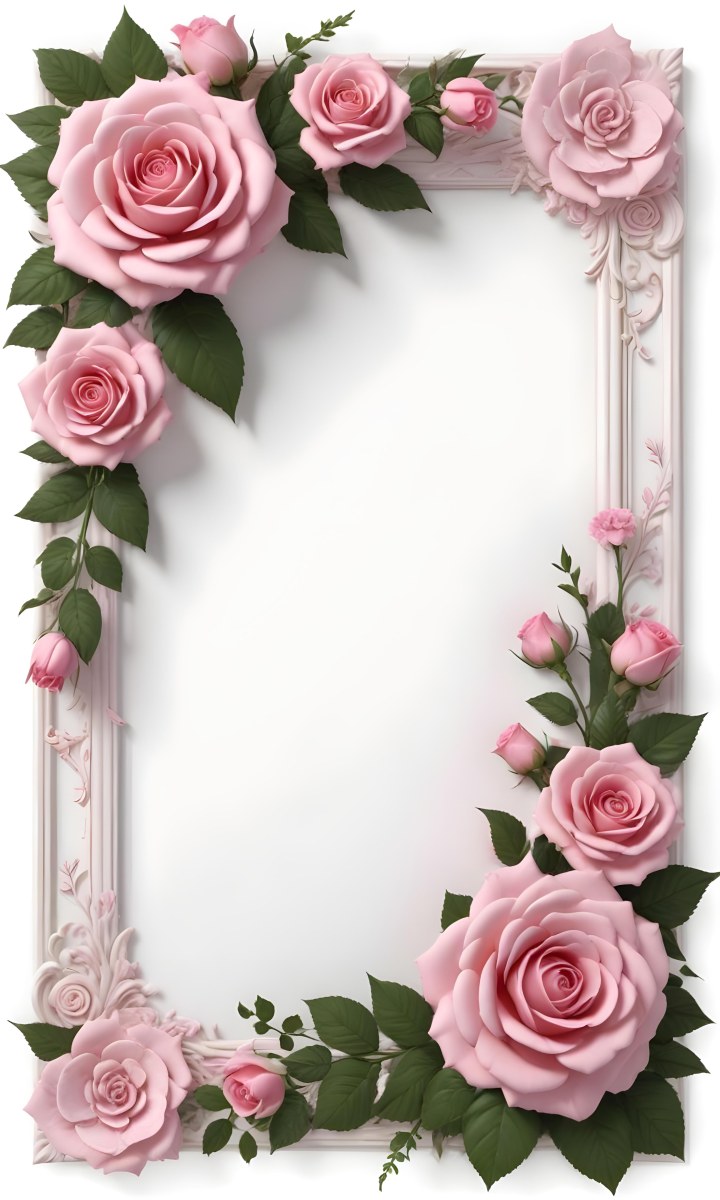 Digital Painting A Floral Frame With Large Pink Roses Green Leaves And Delicate Pink Flowers Along The Edges Of A White Background Bold And Slim Lines Brush Strokes 41 Ca4e