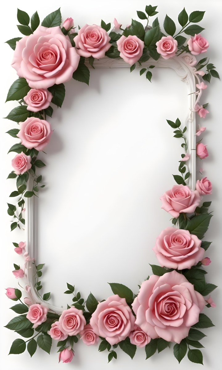 Digital Painting A Floral Frame With Large Pink Roses Green Leaves And Delicate Pink Flowers Along The Edges Of A White Background Bold And Slim Lines Brush Strokes 5 Ffdd
