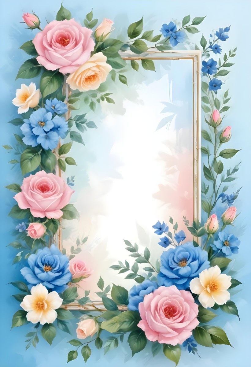 Digital Painting A Floral Frame With Pink Roses Blue Flowers And Green Leaves On A Light Blue Background Bold And Slim Lines Brush Strokes 5 1469