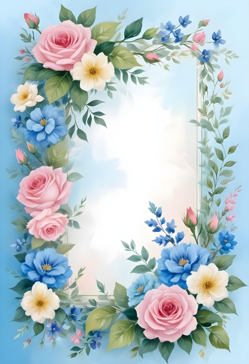Digital Painting A Floral Frame With Pink Roses Blue Flowers And Green Leaves On A Light Blue Background Bold And Slim Lines Brush Strokes 6 A5bb