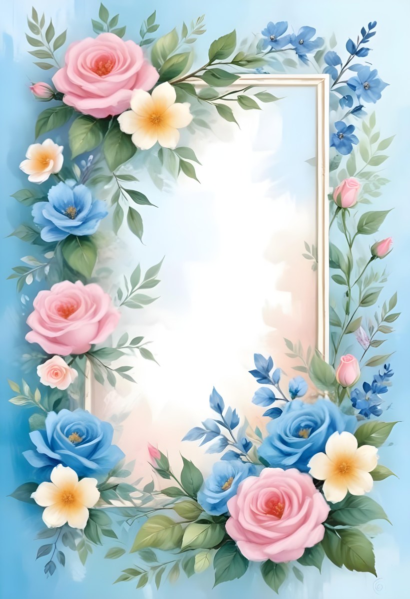 Digital Painting A Floral Frame With Pink Roses Blue Flowers And Green Leaves On A Light Blue Background Bold And Slim Lines Brush Strokes 7 3c8d