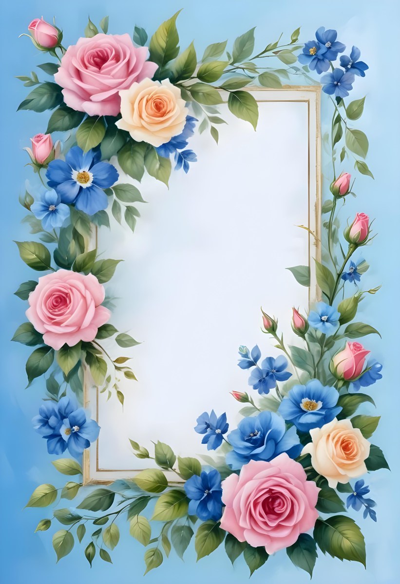 Digital Painting A Floral Frame With Pink Roses Blue Flowers And Green Leaves On A Light Blue Background Bold And Slim Lines Brush Strokes 8 C03b