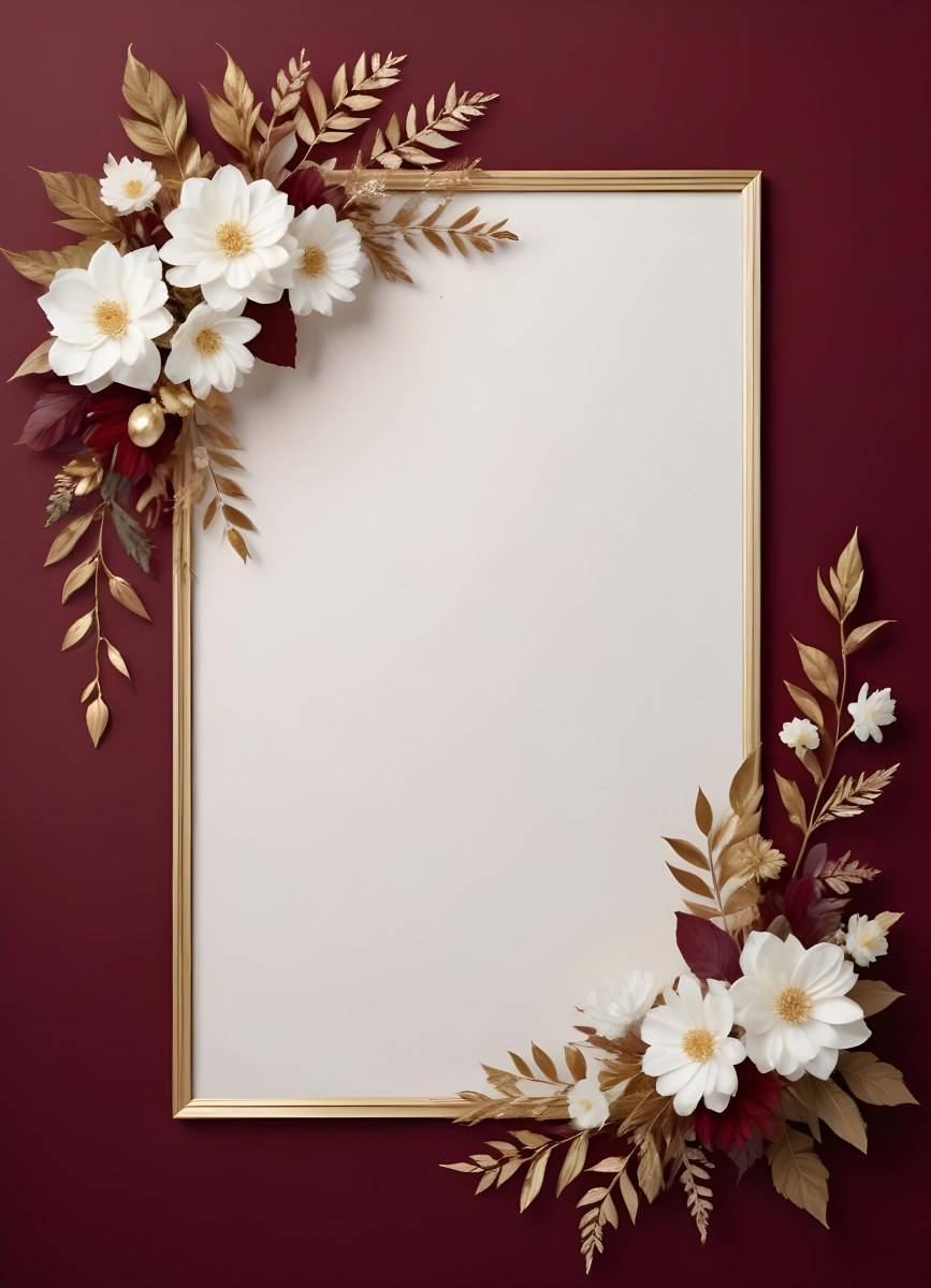 Digital Painting A Floral Frame With White Flowers Leaves And Gold Accents On A Burgundy Background Bold And Slim Lines Brush Strokes 21 842f