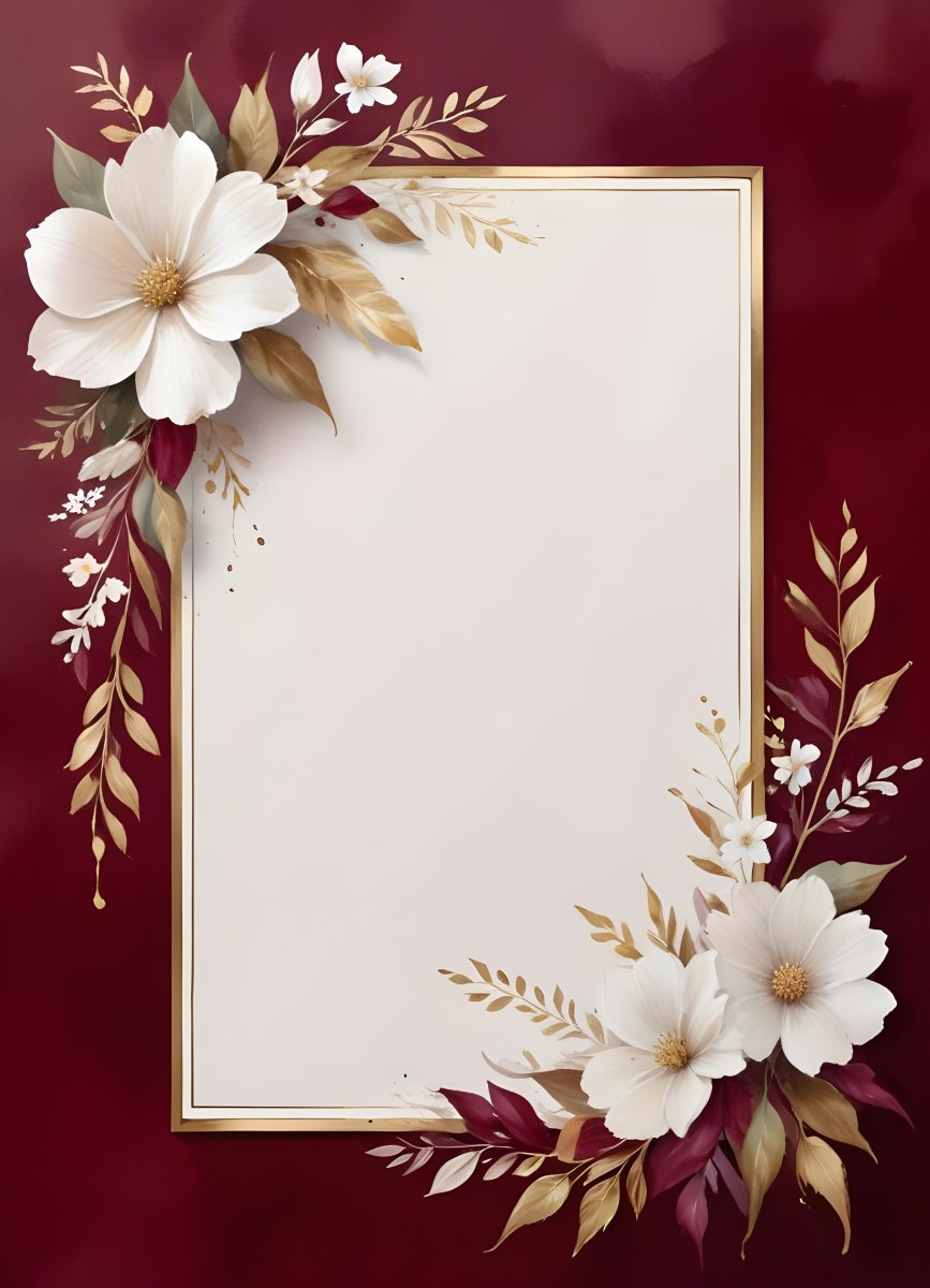 Digital Painting A Floral Frame With White Flowers Leaves And Gold Accents On A Burgundy Background Bold And Slim Lines Brush Strokes 6 7421