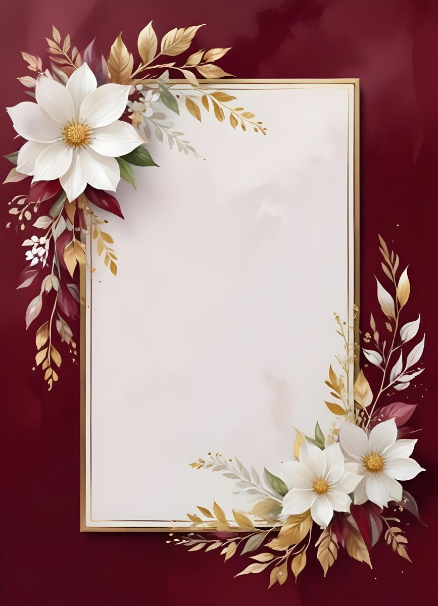 Digital Painting A Floral Frame With White Flowers Leaves And Gold Accents On A Burgundy Background Bold And Slim Lines Brush Strokes 7 6c8f