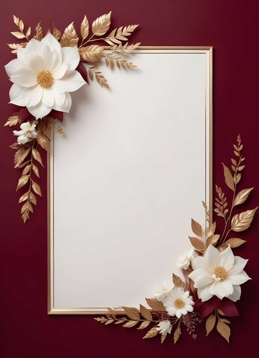 Digital Painting A Floral Frame With White Flowers Leaves And Gold Accents On A Burgundy Background Bold And Slim Lines Brush Strokes 8 79e4